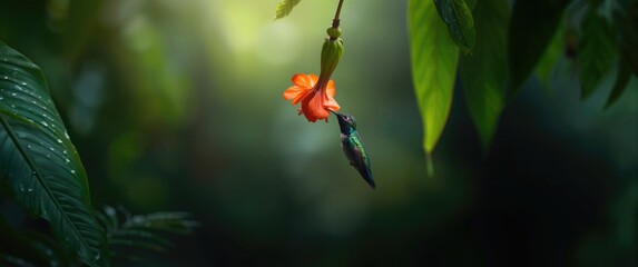 Obraz premium Eco-Friendly Costa Rica: Hummingbird Talamanca Eugenes spectabilis Flying Over Savegre Mountains with Orange Blossoms and Green Jungle