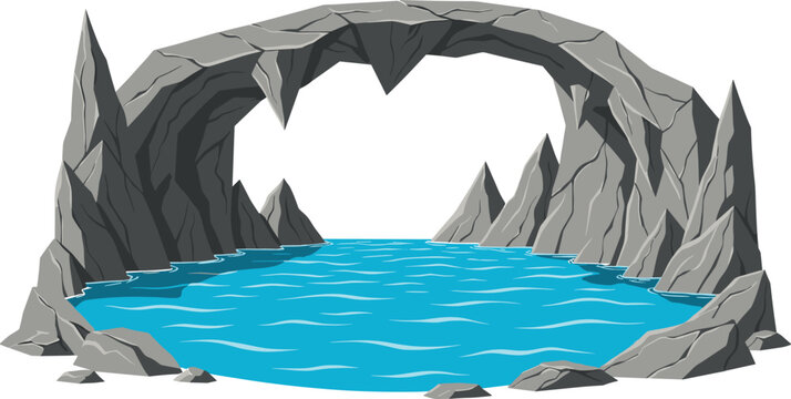 Vector illustration featuring a natural stone arch over a blue sea pool with jagged grey rocks and cliffs