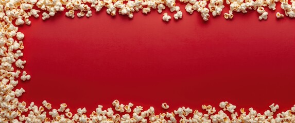Top view of a movie poster with popcorn border on red background and space for text, minimalist entertainment design