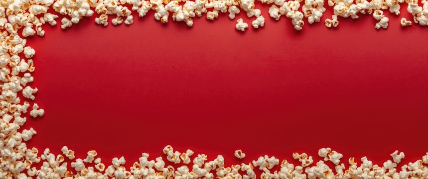 Top view of a movie poster with popcorn border on red background and space for text, minimalist entertainment design