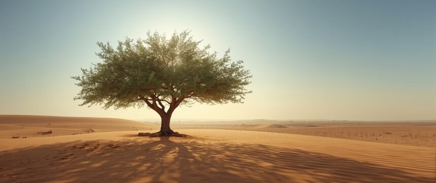Evergreen Ghaf tree (Prosopis cineraria), drought-tolerant, thrives in desert sand dunes in Ras Al Khaimah, United Arab Emirates. Ghaf trees help fight desertification