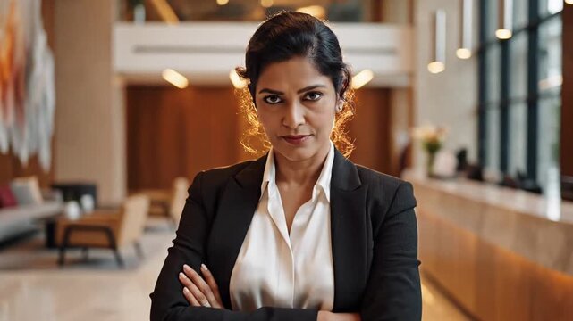 Empowered female executive wearing a formal dark suit jacket posing with folded arms inside a contemporary corporate hall, demonstrating leadership and success in a bright workplace.