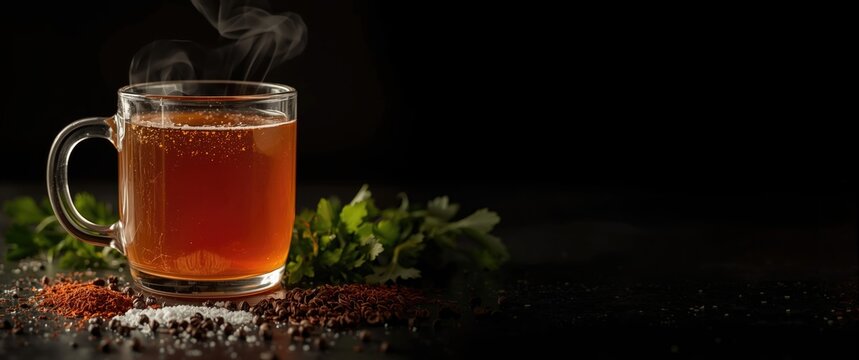Close-up of beef bone broth in a transparent mug with salt and pepper, dark background, selective focus