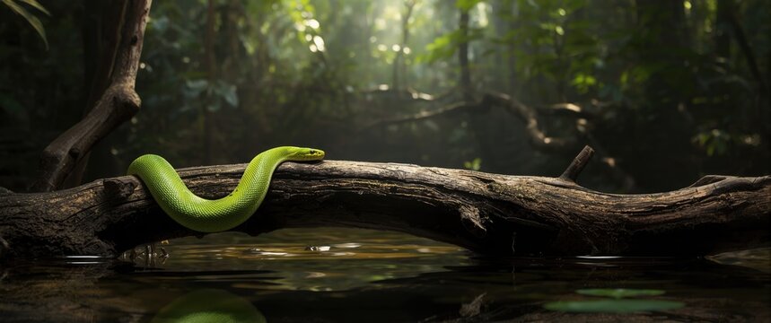 Elegant green water snake (Philothamnus hoplogaster) perched on a fallen tree within its natural habitat
