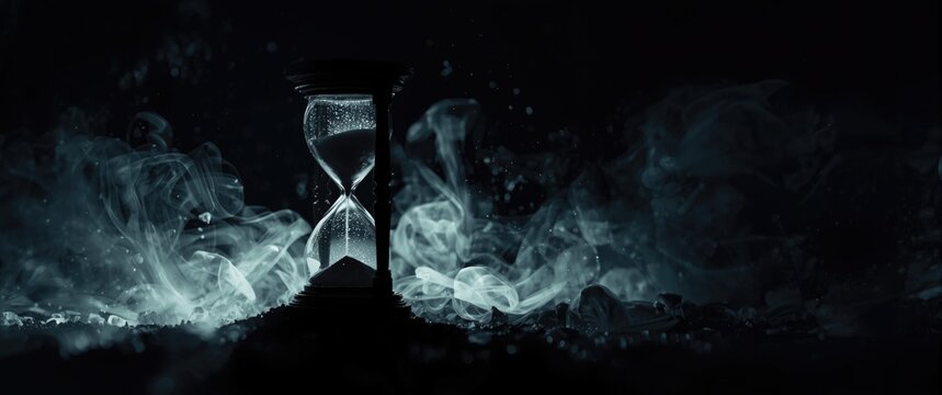 An hourglass silhouette showing sand falling and time passing, set against a smoky dark and bright backdrop