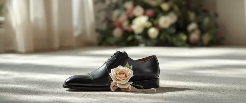 Close-up shot of men's shoes, bowtie, and boutonniere, with room for writing. Modern gentleman accessories
