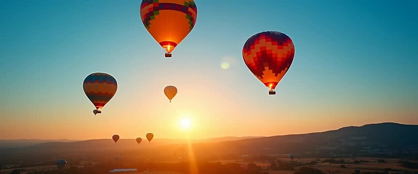 Hot air balloons gently ascend against a vibrant sunrise, with a smooth cinematic camera pan capturing the serene landscape below and the warm glow of early morning light.