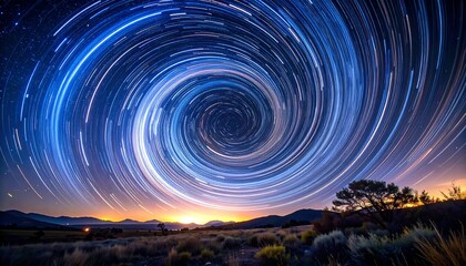Night Sky with Star Trails and Landscape.