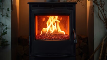 Fototapeta premium Granules being burned in a stove with flames, focusing on heating technology safety and maintenance, winter preparedness