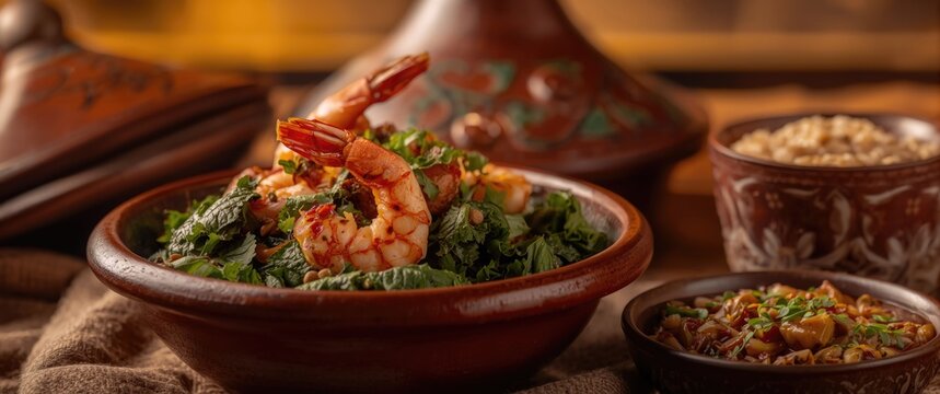 Shrimp and Tasha Molokhia Tagine Dish