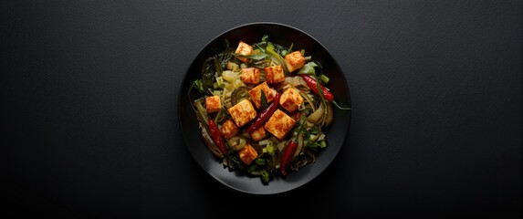 Fototapeta na wymiar Tumis sawi putih or sautÃ©ed chicory with tofu, homemade Indonesian cuisine served on a white plate with a dark backdrop