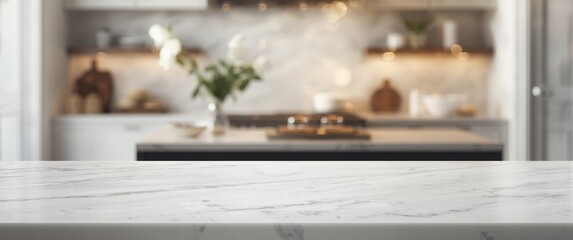 Bright kitchen scene featuring an empty stone white table with a blurred background and bokeh