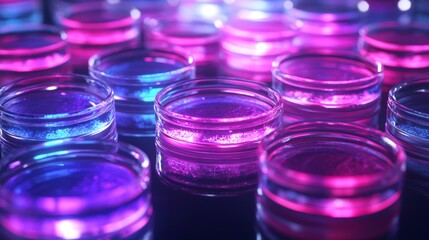 Glass containers filled with colourful glowing liquids highlight the beauty of scientific experiments, providing an expressive backdrop 