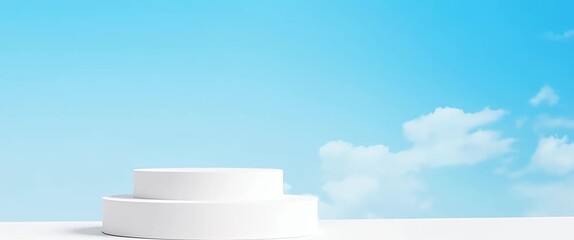Minimalist product display on a white podium with a clear blue sky backdrop, clouds gently moving; camera slowly pans right, capturing serene, cinematic ambiance ideal for branding.