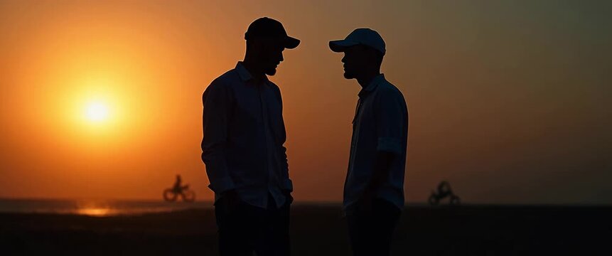 Two silhouetted figures converse at sunset on a serene beach, as bicycles glide by in the distance; steady camera pans reveal vibrant, cinematic hues of the golden hour.