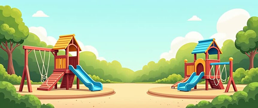 Peaceful playground in a sunny park, gentle breeze swaying trees, with a slow panning camera capturing colorful slides and swings; ideal for family, leisure, and outdoor themes in a serene, cinematic 