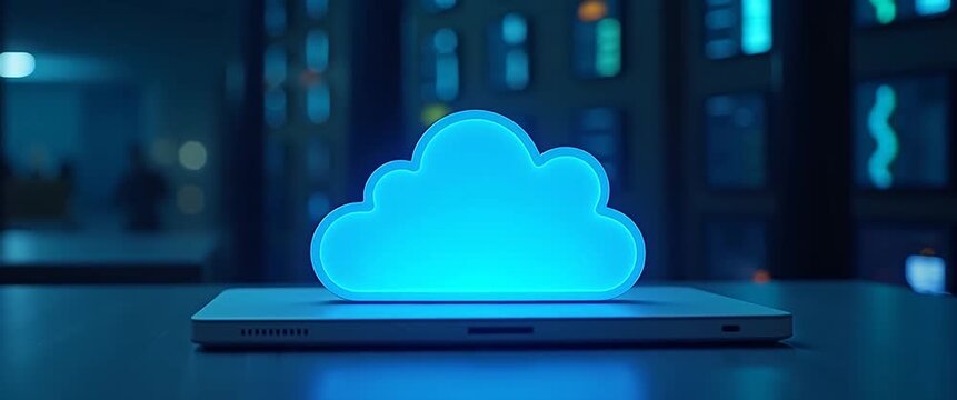 Glowing cloud icon hovers above a laptop in a dimly lit server room, with ambient flickering lights and a slow camera pan, creating a cinematic visualization of cloud computing technology.