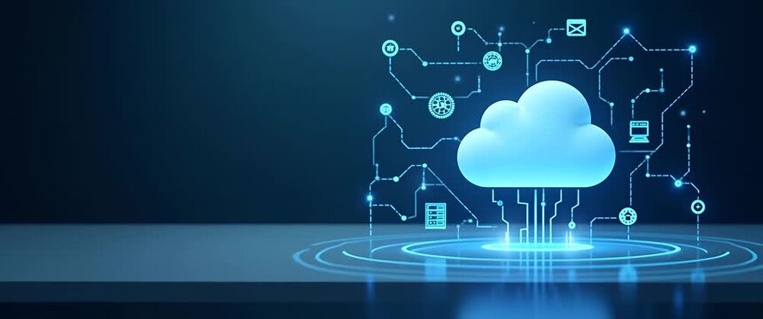 Futuristic cloud computing animation with glowing data icons gently pulsating, as the camera slowly pans across the digital landscape; cinematic style with ample copy space.