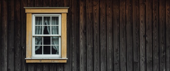 Fototapeta premium Wooden house exterior showcasing v-groove clapboard siding, narrow vertical boards, and a small window with four panes, white and yellow trim