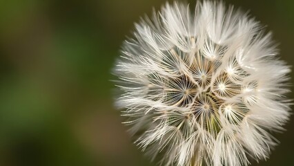 A close-up of a dandelion seed head against a blurred green background