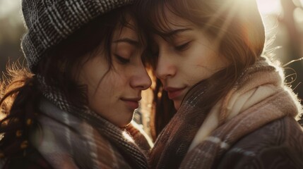 Two women touching foreheads outdoors, calm emotional moment