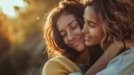 Two women hugging in warm evening light, affection and closeness