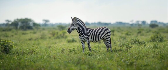 Fototapeta premium Wild zebra amidst vibrant green grass in nature