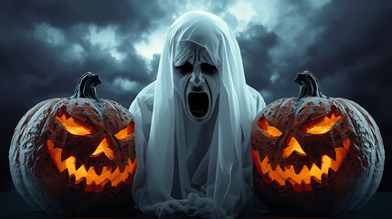 Ghostly figure between two jack-o'-lanterns