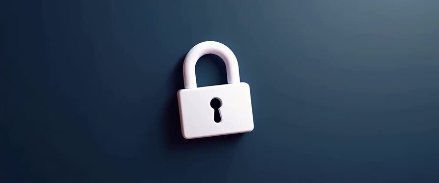 Minimalist white padlock gently rotates against a dark blue background with a slow, steady camera pan, creating a sleek, secure, and modern visual in a cinematic style.