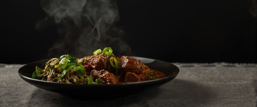 Selat Solo Featuring Beef Stew and Vegetable Salad Against Dark Background