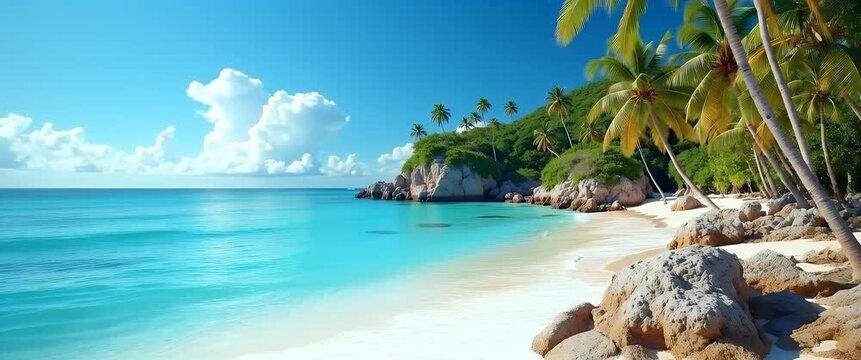 Tropical beach waves gently roll onto pristine sand as the camera slowly pans across lush palm trees under a vibrant sky, creating a serene, cinematic coastal escape.