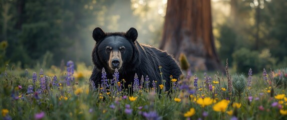 Naklejka premium Sequoia meadow black bear observes camera from colorful flowers