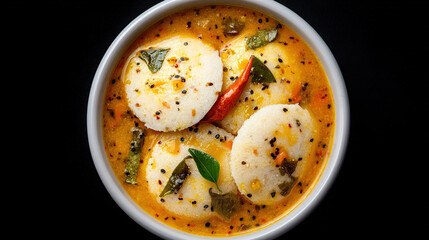 South indian idli served with sambar, a popular breakfast dish isolated on white background