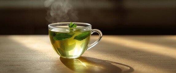 Mint tea in a glass cup with vibrant peppermint leaves, emphasizing relaxation and a healthy beverage