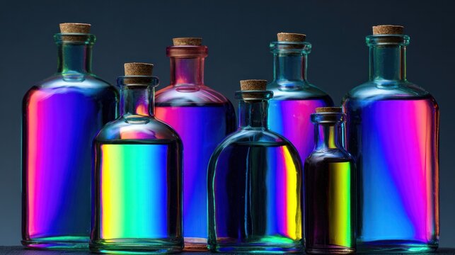 Colorful liquids in round glass demijohns with vivid light refraction against a dark studio background. STEM education sheets.