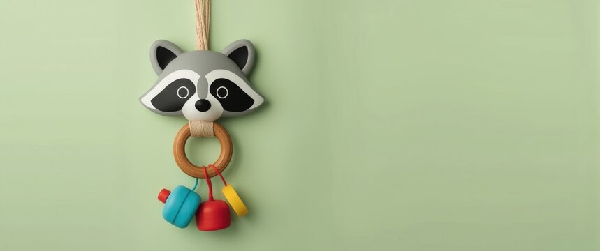 Cute Raccoon Sensory Toy for Babies Featuring Multicolored Flat Design with Hanging Ring and Clacking Rings