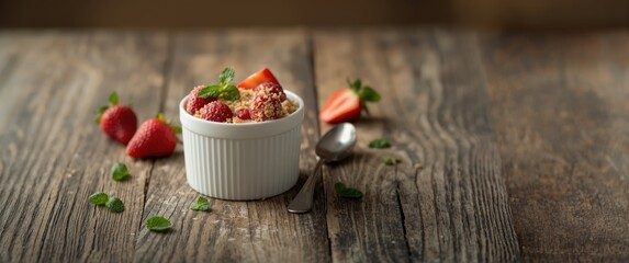 Rustic wooden table with strawberry crumble in cup