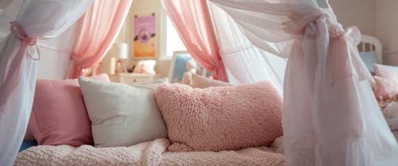 Real photograph of pastel pillows inside a girl's bedroom tent featuring pink drapes and poster