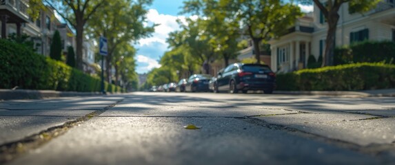 City summer scene featuring sunlit deserted stone street adjacent to the park and parked cars