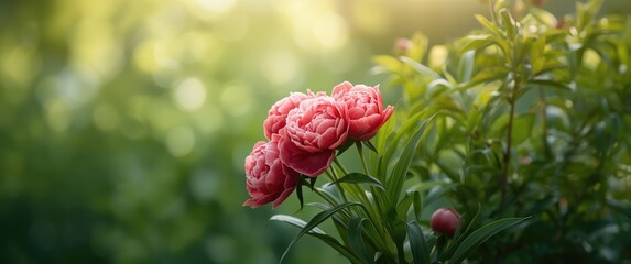 Obraz premium Nature scene featuring wild peony flowers, green and red blooms, perfect for spring and summer backgrounds