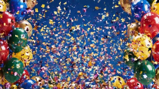Vibrant festive arrangement featuring multicolored balloons and sparkling confetti pieces framing a bright blue backdrop for a joyful celebration or happy party event at high resolution.