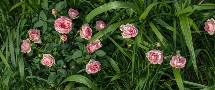 Vibrant pink roses grow amid grass and lush green leaves