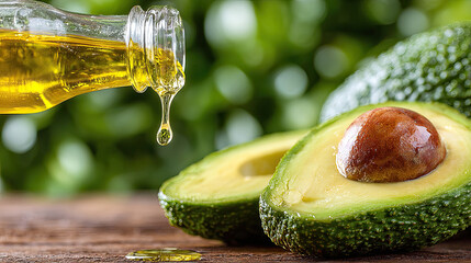 Avocado oil being poured over fresh avocado halves on a wooden surface.