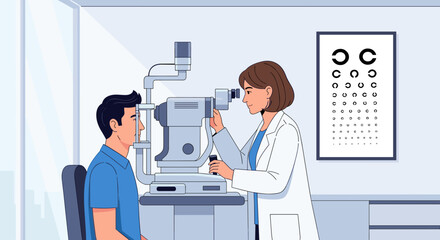 Ophthalmologist examining patient's eyes with equipment and eye chart for educational materials in vision care and eye health promotion