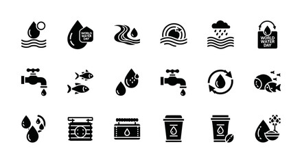 A set of 18 black minimalist icons in one frame, each with a different design themed around World Water Day. The icons represent clean water, water conservation, rivers, oceans, rain, water droplets