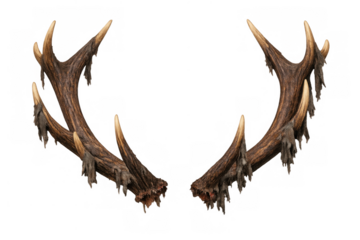Deer antlers shedding velvet, forming a hunting trophy and symbol of wilderness on transparent background