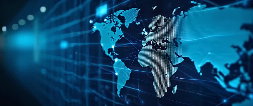 Cinematic world map data visualization with blue digital connections, as the camera slowly pans across a futuristic network corridor, highlighting global communication and technology trends.