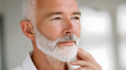 An experienced senior man with graying hair and a distinguished white beard gazes thoughtfully into the distance his hand resting on his chin in contemplation