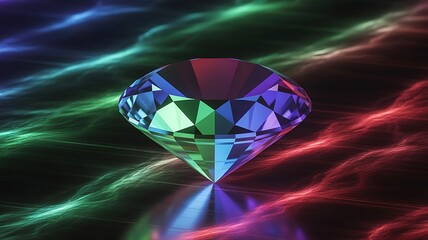 A vibrant, multicolored diamond shines brightly, reflecting a kaleidoscope of colors in a dynamic, abstract environment with swirling lights.