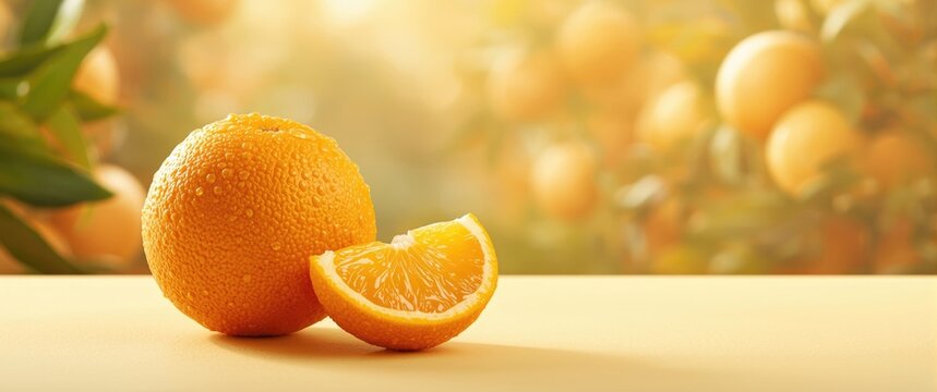 Juicy orange citrus fruit, whole and cut in half, fresh and ripe santra closeup stock photo
